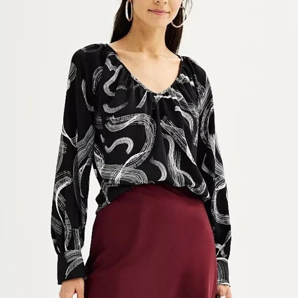 NINE WEST Womens Top Size Large Black White Print Blouson Peasant Blouse NWT